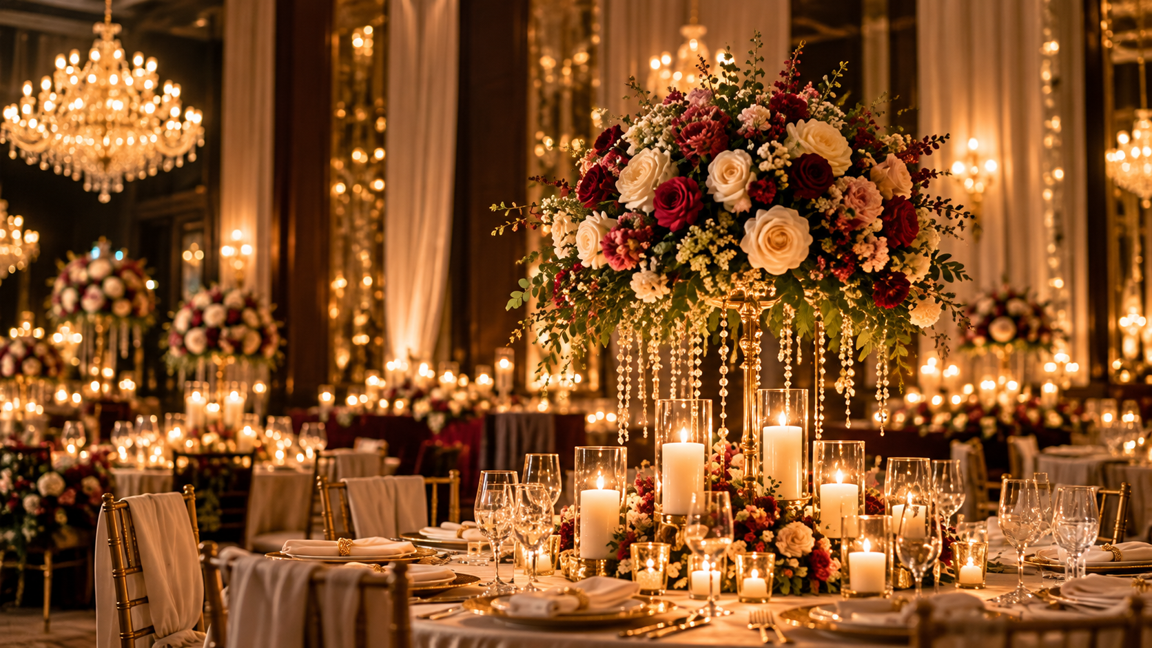 Intimate luxury banquet hall at Nariman Point with mood lighting and opulent centerpieces
