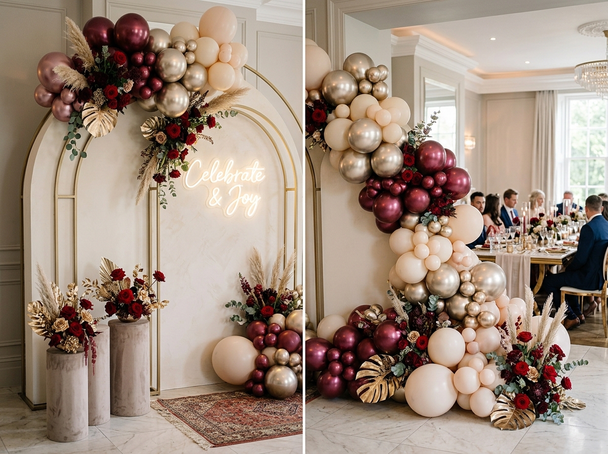 Organic luxury balloon arch styling with metallic maroon, chrome gold, ivory balloons, pampas grass, and neon lights